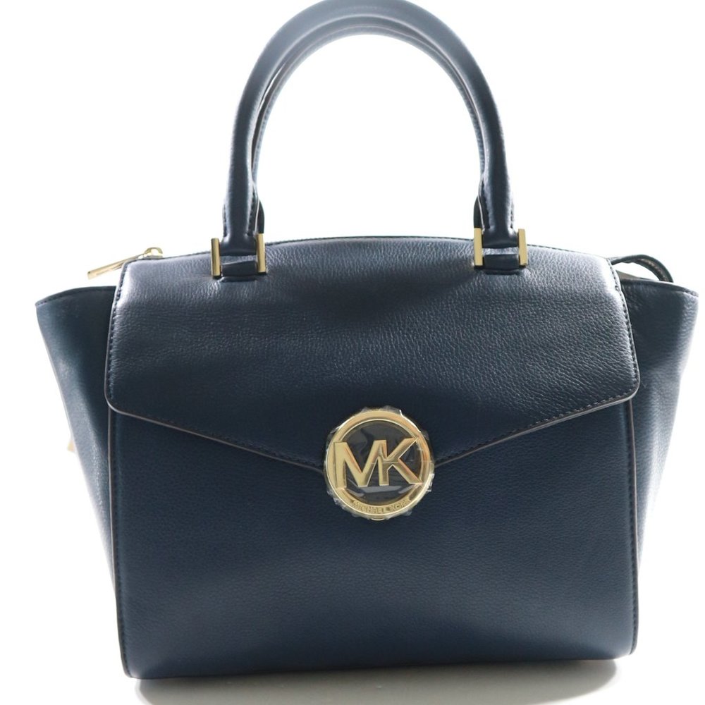 Michael Kors Hudson Large Leather Satchel Shoulder Bag Navy